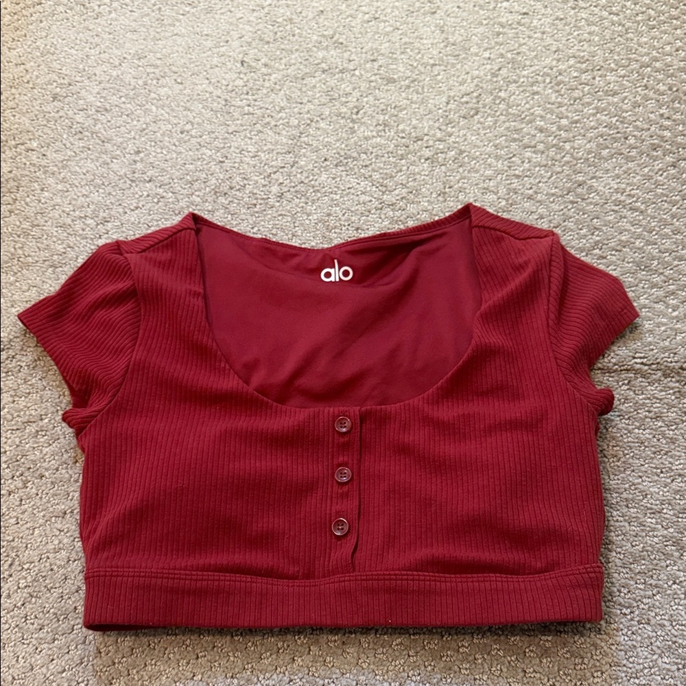 ALO Yoga Burgundy Ribbed Button Crop Top